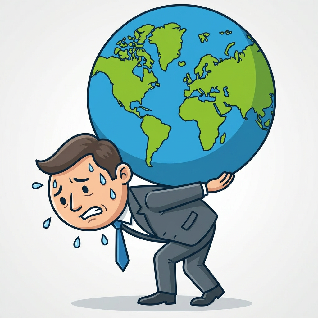 Cartoon of a stressed businessman carrying a large globe on his back
